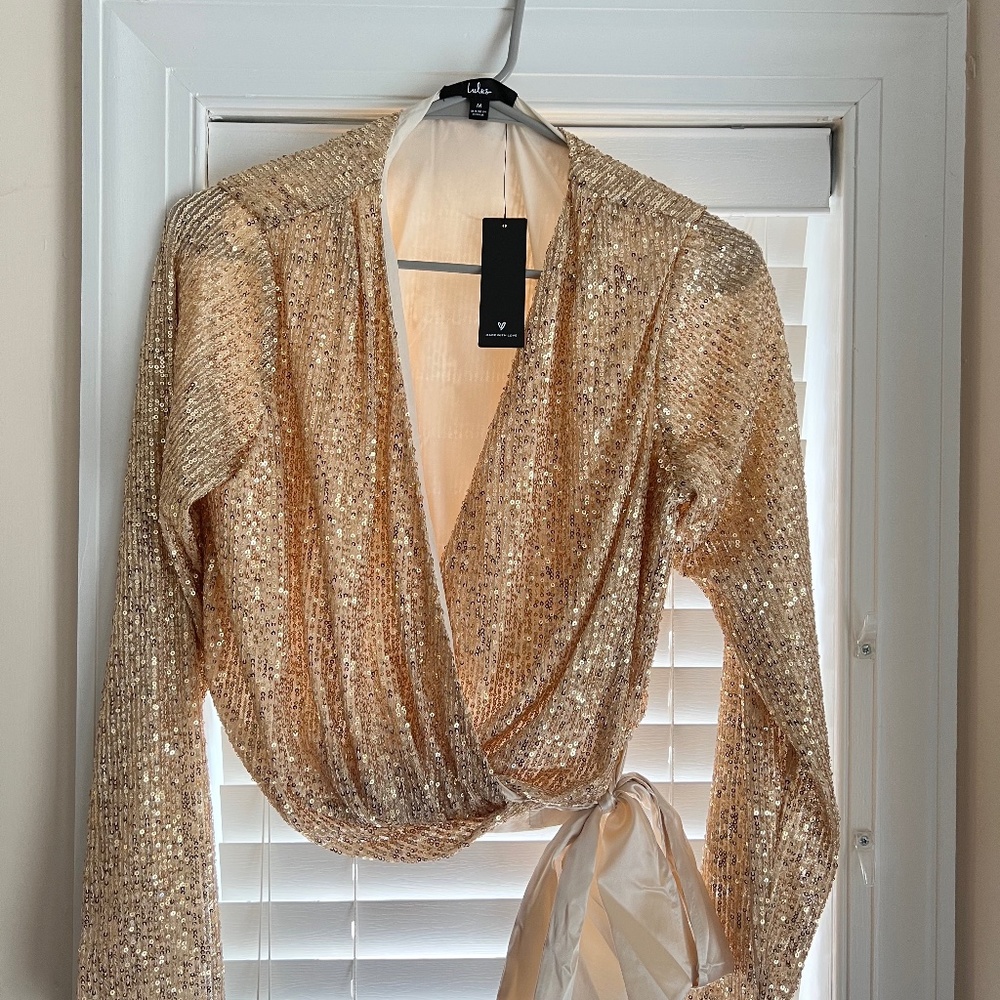 Gold Sequin Faux-Wrap Long Sleeve Crop Top